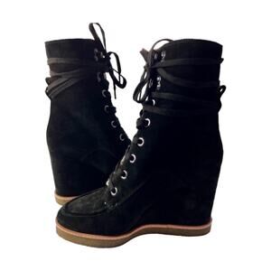 Veronica Beard Ananya Lace Up Black Suede Wedge Booties Size 10M